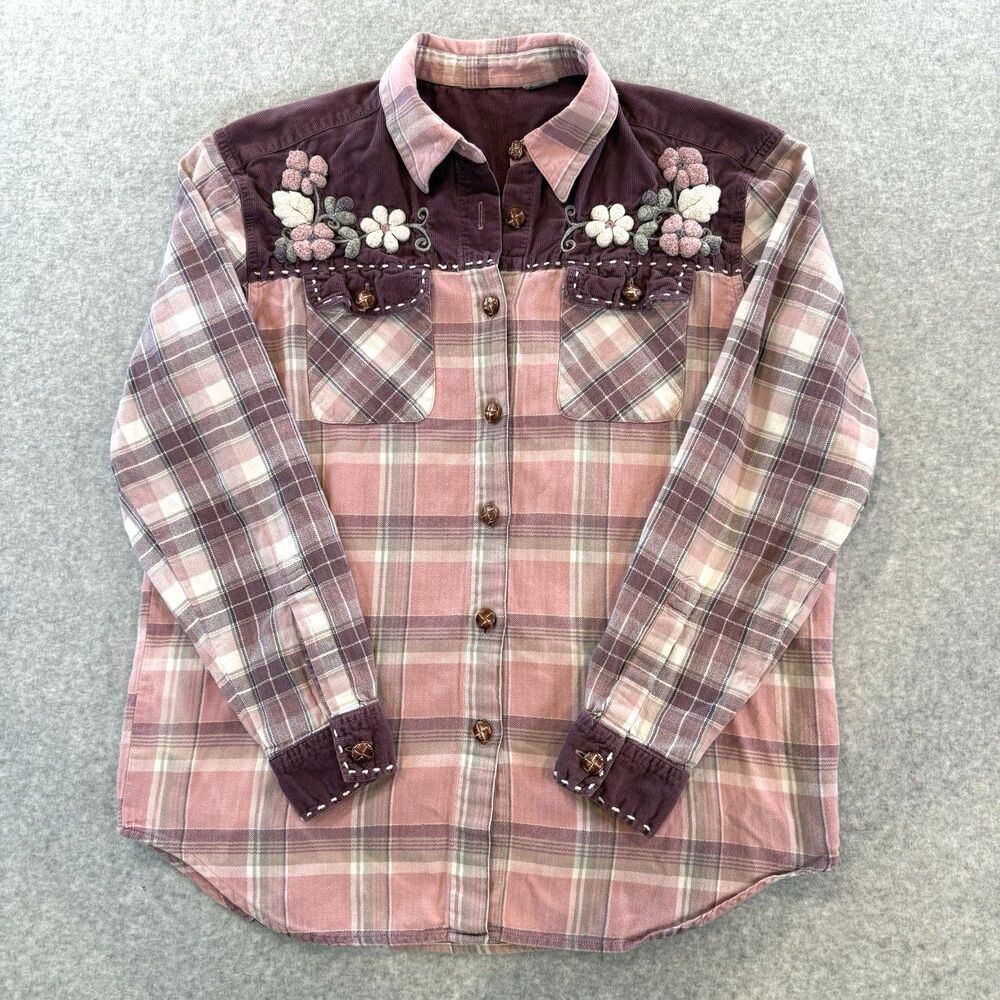 VTG Plaid Flannel Shirt Embroidered Flowers Pink Purple 90s Y2k Western Cowgirl